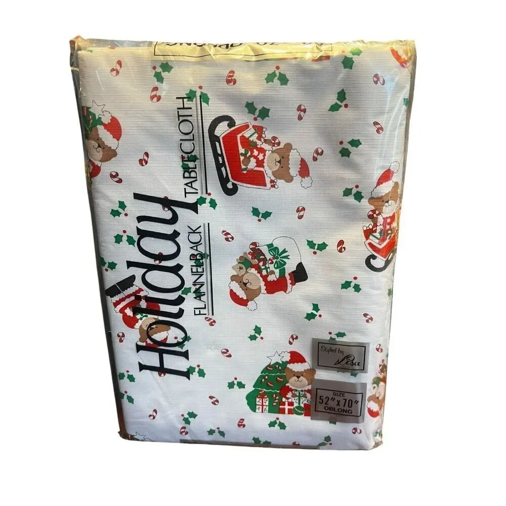 Vintage Christmas Santa Bear Holiday Flannel Back Tablecloth Oblong 52